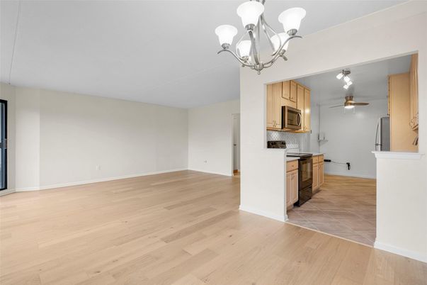 Chandelier, Empty room, Interior, Kitchen, Wood Texture Flooring