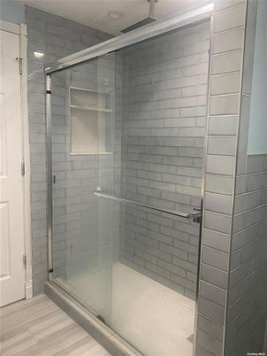 Bathroom, Glass Shower, Interior, Recessed Lighting, Wood Texture Flooring