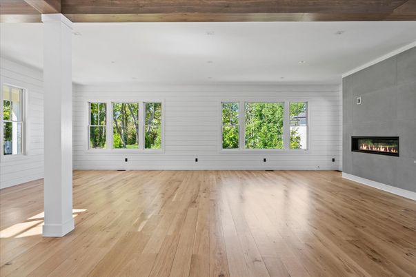 Empty room, Fireplace, Interior, Recessed Lighting, Wood Texture Flooring