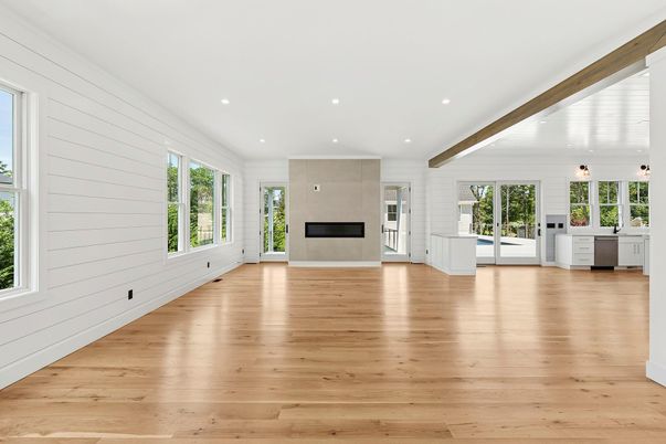 Empty room, Fireplace, Interior, Pendant Lights, Recessed Lighting, Wood Texture Flooring