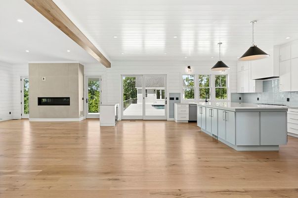 Fireplace, Interior, Kitchen, Pendant Lights, Recessed Lighting, Wooden Beams, Wood Texture Flooring