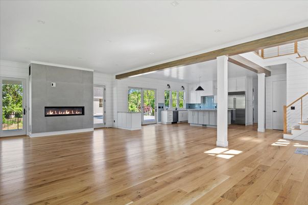Empty room, Fireplace, Interior, Kitchen, Pendant Lights, Recessed Lighting, Wood Texture Flooring