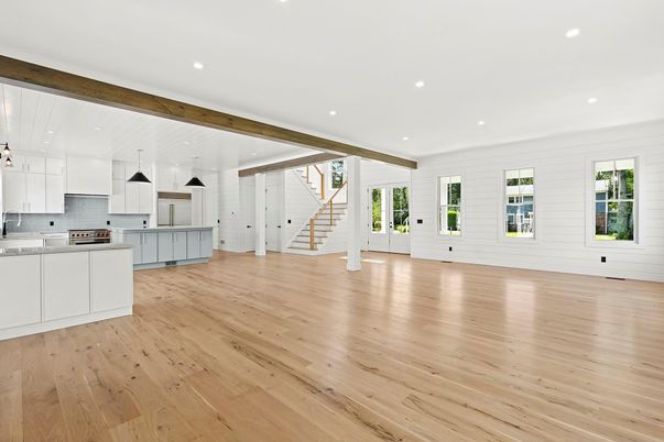 Empty room, Interior, Kitchen, Pendant Lights, Recessed Lighting, Wooden Beams, Wood Texture Flooring