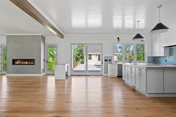 Empty room, Fireplace, Interior, Kitchen, Pendant Lights, Wooden Beams, Wood Texture Flooring