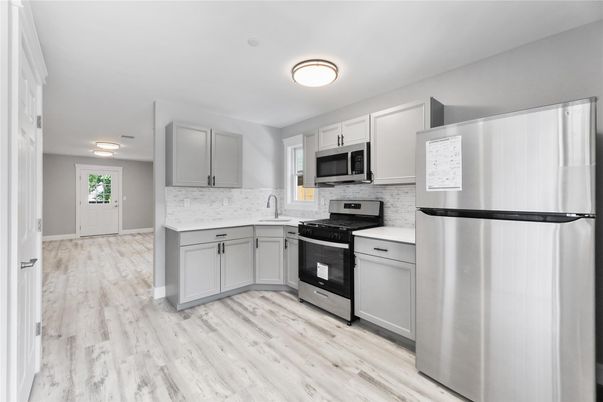 Interior, Kitchen, Stainless Steel Appliances, Wood Texture Flooring