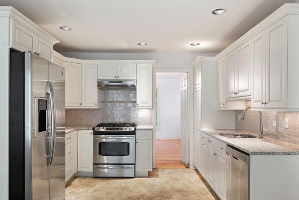 Interior, Kitchen, Recessed Lighting, Stainless Steel Appliances, Wood Texture Flooring