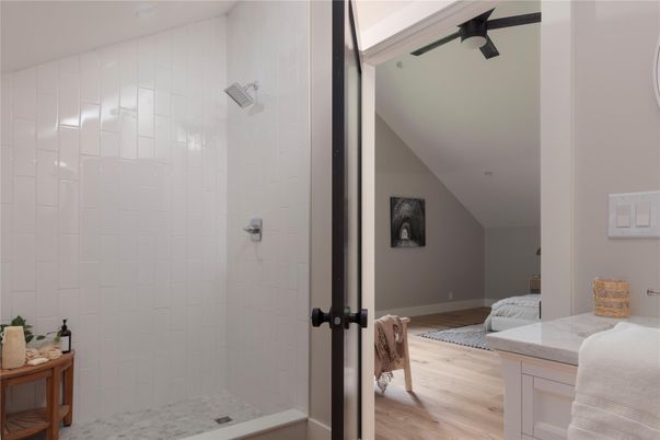 Bathroom, Glass Shower, Interior, Wood Texture Flooring