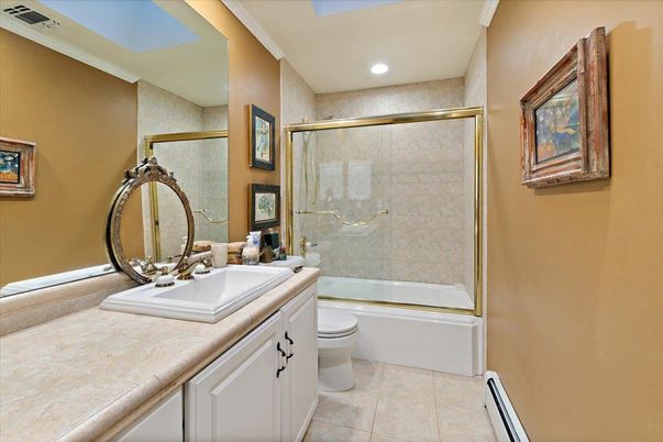 Bathroom, Glass Shower, Interior, Recessed Lighting, Tile Countertops