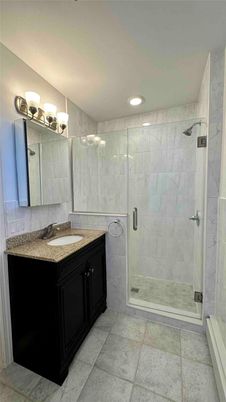 Bathroom, Glass Shower, Interior, Marble Walls, Recessed Lighting