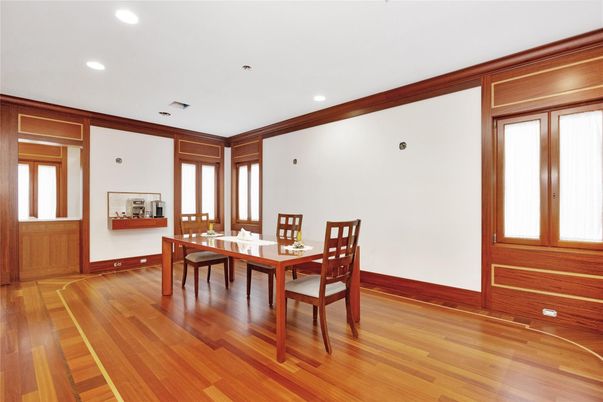 Dining room, Interior, Recessed Lighting, Wood Texture Flooring