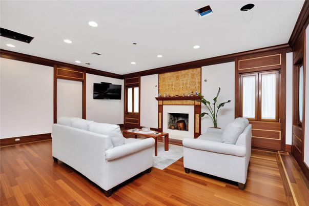 Fireplace, Interior, Living room, Recessed Lighting, Wood Texture Flooring