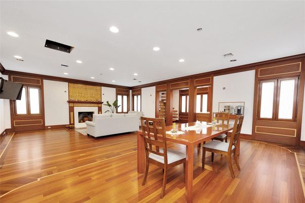 Dining room, Fireplace, Interior, Living room, Recessed Lighting, Wood Texture Flooring