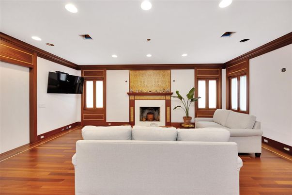 Fireplace, Interior, Living room, Recessed Lighting, Wood Texture Flooring