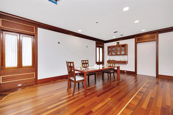 Dining room, Interior, Recessed Lighting, Wood Texture Flooring