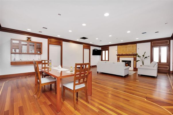 Dining room, Fireplace, Interior, Living room, Recessed Lighting, Wood Texture Flooring