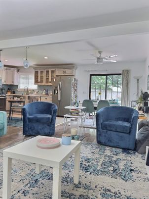 Dining room, Interior, Kitchen, Living room, Pendant Lights, Recessed Lighting, Stainless Steel Appliances, Wood Texture Flooring