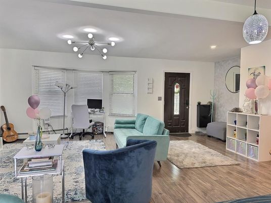 Home Office, Interior, Living room, Pendant Lights, Recessed Lighting, Wood Texture Flooring