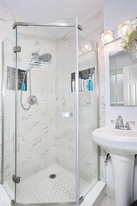 Bathroom, Glass Shower, Interior, Marble Walls