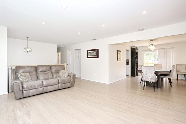 Dining room, Interior, Pendant Lights, Recessed Lighting, Wood Texture Flooring