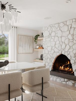 Fireplace, Interior, Recessed Lighting, Stone Walls