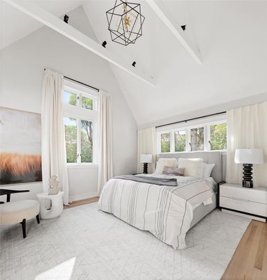 Bedroom, Interior, Pendant Lights, Wood Texture Flooring