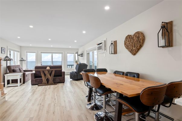 Dining room, Interior, Living room, Recessed Lighting, Water, Wood Texture Flooring