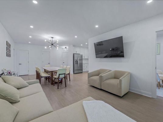 Dining room, Interior, Kitchen, Living room, Pendant Lights, Recessed Lighting, Stainless Steel Appliances, Wood Texture Flooring