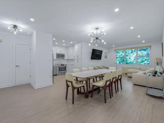 Dining room, Interior, Kitchen, Living room, Pendant Lights, Recessed Lighting, Stainless Steel Appliances, Wood Texture Flooring