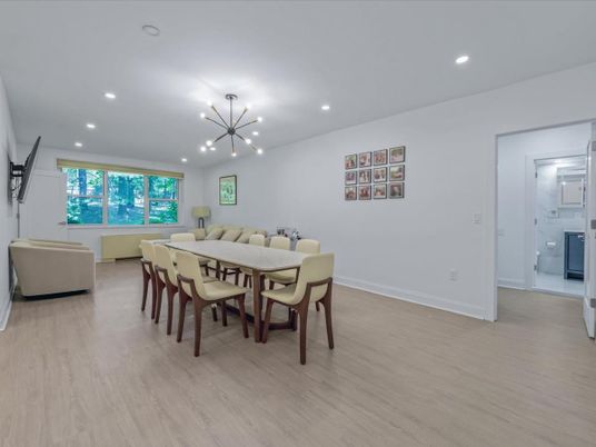Dining room, Interior, Living room, Pendant Lights, Recessed Lighting, Wood Texture Flooring