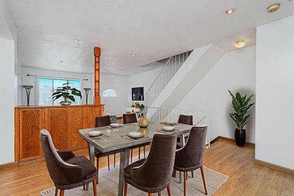 Dining room, Interior, Recessed Lighting, Wood Texture Flooring