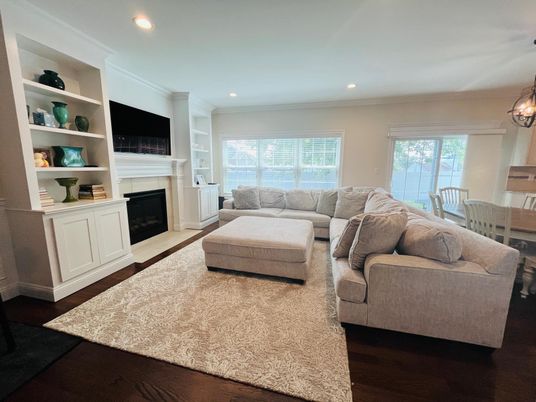 Fireplace, Interior, Living room, Recessed Lighting, Wood Texture Flooring