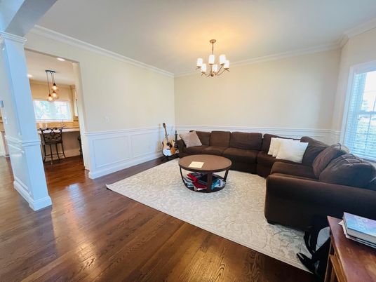 Chandelier, Interior, Kitchen, Living room, Pendant Lights, Recessed Lighting, Wood Texture Flooring