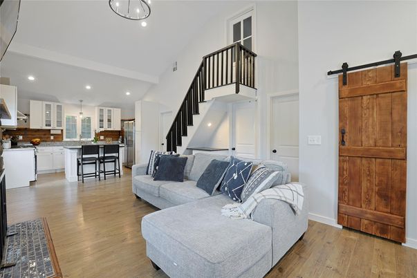 Interior, Kitchen, Living room, Pendant Lights, Recessed Lighting, Wood Texture Flooring