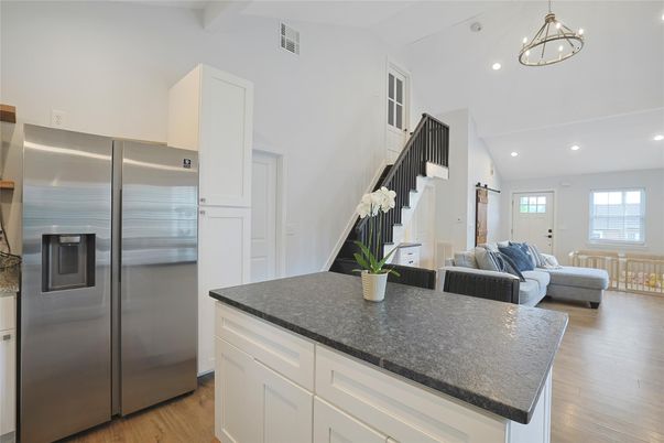 Interior, Kitchen, Living room, Pendant Lights, Recessed Lighting, Stainless Steel Appliances, Wood Texture Flooring