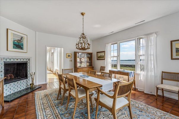 Dining room, Fireplace, Interior, Pendant Lights, Water