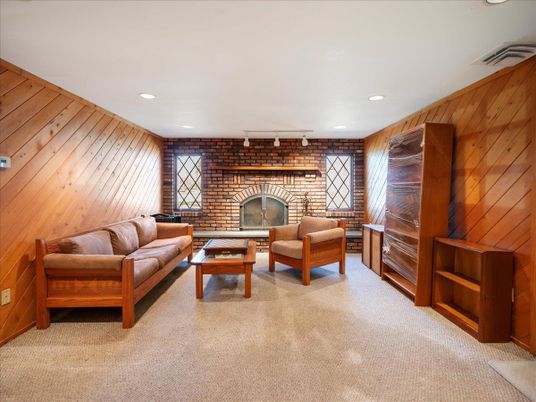 Fireplace, Interior, Living room, Recessed Lighting, Stone Walls, Wooden Walls