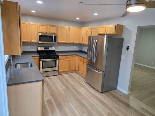 Interior, Kitchen, Recessed Lighting, Stainless Steel Appliances, Wood Texture Flooring