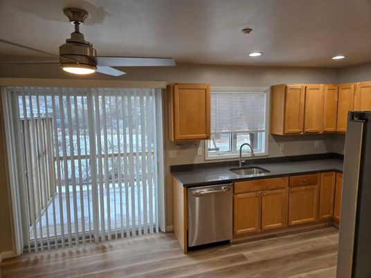 Interior, Kitchen, Recessed Lighting, Stainless Steel Appliances, Wood Texture Flooring