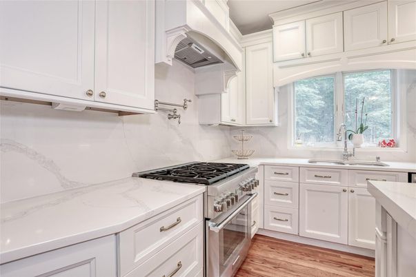 Interior, Kitchen, Marble Walls, Stainless Steel Appliances, Wood Texture Flooring