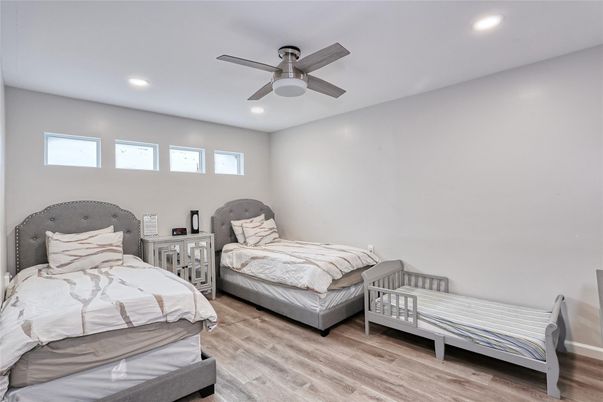 Bedroom, Interior, Recessed Lighting, Wood Texture Flooring