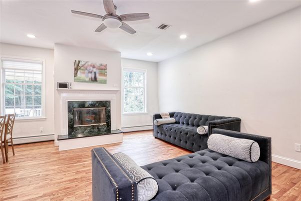 Fireplace, Interior, Recessed Lighting, Wood Texture Flooring