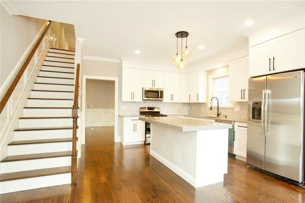 Interior, Kitchen, Pendant Lights, Recessed Lighting, Stainless Steel Appliances, Wood Texture Flooring