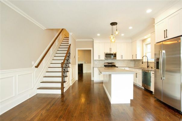 Interior, Kitchen, Pendant Lights, Recessed Lighting, Stainless Steel Appliances, Wood Texture Flooring