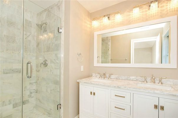 Bathroom, Dual Sink Vanities, Glass Shower, Interior, Marble Walls