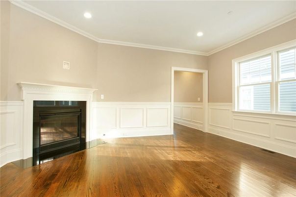 Empty room, Fireplace, Interior, Recessed Lighting, Wood Texture Flooring
