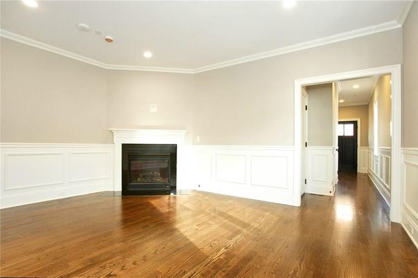 Empty room, Fireplace, Interior, Recessed Lighting, Wood Texture Flooring