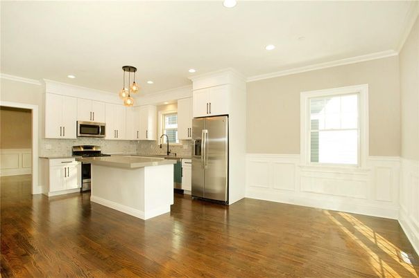 Interior, Kitchen, Pendant Lights, Recessed Lighting, Stainless Steel Appliances, Wood Texture Flooring
