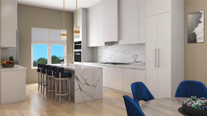 Interior, Kitchen, Marble Walls, Pendant Lights, Recessed Lighting, Stainless Steel Appliances, Wood Texture Flooring
