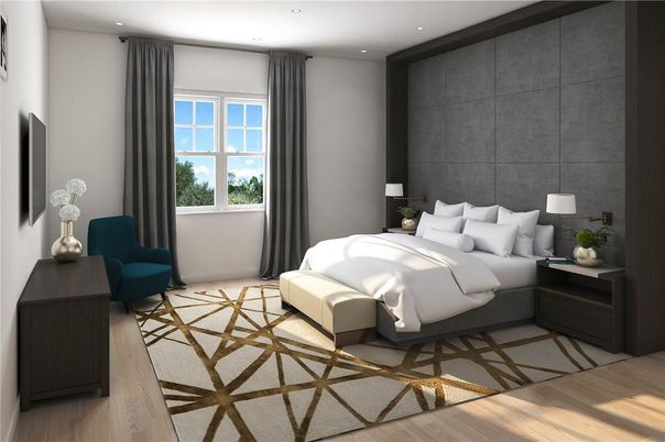 Bedroom, Interior, Recessed Lighting, Wood Texture Flooring
