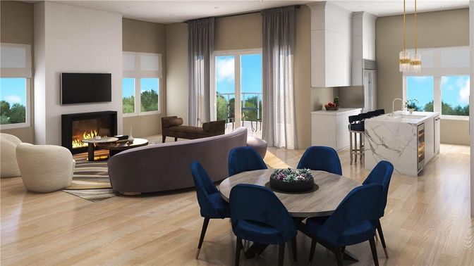 Dining room, Fireplace, Interior, Living room, Pendant Lights, Recessed Lighting, Wood Texture Flooring